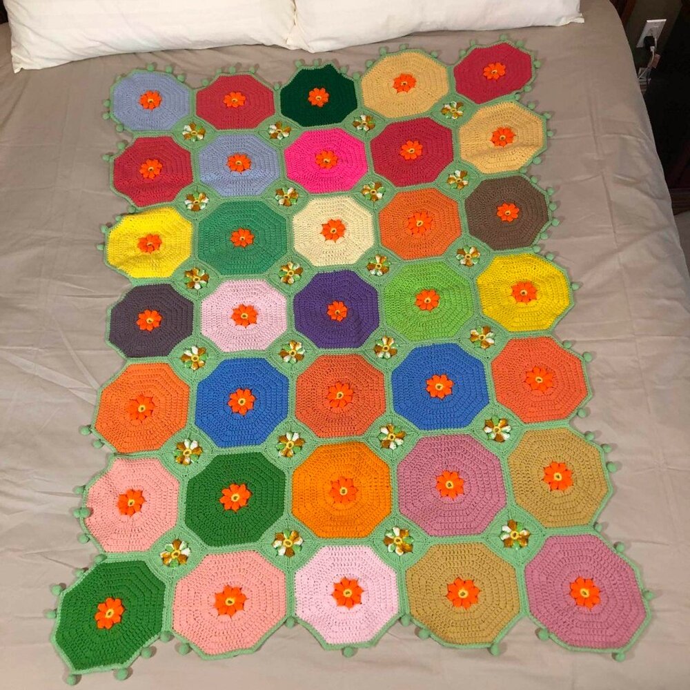 Vintage multicolored crochet afghan w/ octagons and crewel blossoms